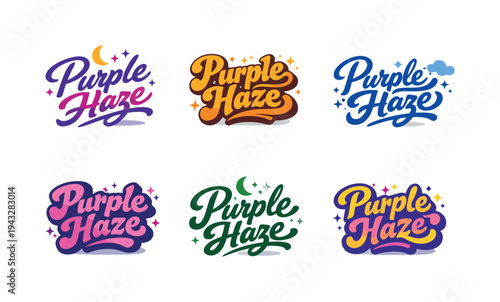 Clean flat holiday banner set illustration featuring modern lettering logo set for Purple Haze, stock marketplace–ready lettering