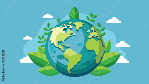 A vibrant and lush planet earth surrounded by green leaves and blue skies Vector