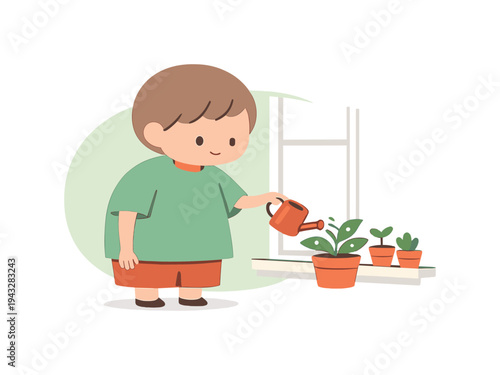 Cute cartoon child watering small potted plants on a windowsill with a watering can
