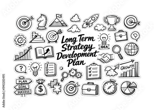 Long term strategy development plan, hand drawn doodle elements set, center hand-lettered title, black & white vector line art,