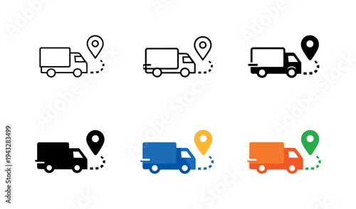 Real-time shipment icon showing a delivery truck with location pin and dotted route line, representing shipment tracking,