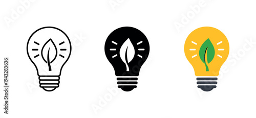 Efficiency mindset concept shown through a light bulb with leaf core and reduced power rays clearly visible at center, three