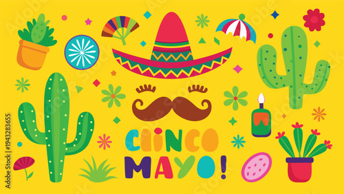 Vibrant cinco de mayo celebration with sombrero, cacti, and festive elements Vector
