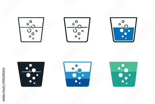 Set of six different glass icons with bubbly liquid in various styles and colors