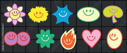 Colorful smiley faces in playful shapes like flowers, stars, and hearts. Smiley faces bring joy. Bright smiley faces for a cheerful vibe. Cute and colorful illustration vector set.
