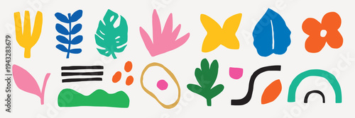 Colorful abstract shapes, vibrant leaves, and playful forms. Abstract shapes in bold colors. Leaves and forms create a playful, vibrant design. Cute and colorful illustration vector set.