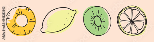 Illustration of sliced fruits: pineapple, lemon, kiwi, and lime. Vibrant fruit art with pineapple, lemon, kiwi, and lime. Colorful fruit slices in a playful style. Summer illustrations, vector set.