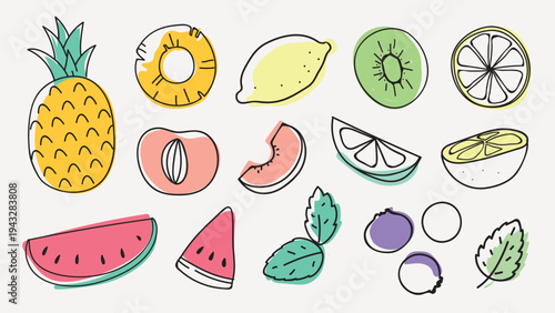 Colorful fruit illustrations including pineapple, lemon, kiwi, and watermelon. Fresh fruit slices and whole fruit, vibrant and playful design. Summer illustrations, isolated element vector set.