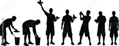 Black silhouettes of men serving food, carrying trays, using buckets, and standing, isolated on white background for volunteering and catering.