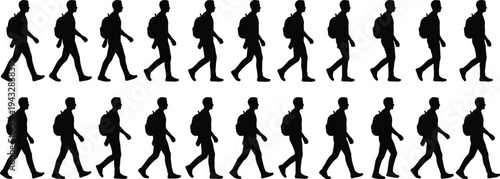 Black silhouette set of a man walking with a backpack in various steps, isolated on white background for animation design.