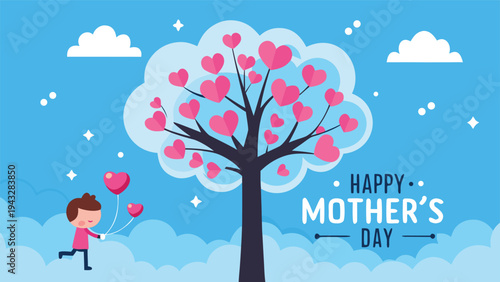 A girl in a pink dress standing under a blooming tree with pink flowers and blue sky. Vector