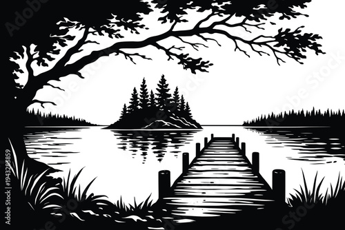Serene Lake Dock Silhouette with Pine Forest Reflection, Tranquil Nature Landscape Illustration.