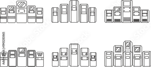 Set of minimalist server rack and data center icons flat outline vector design for IT infrastructure and cloud computing concepts isolated on white