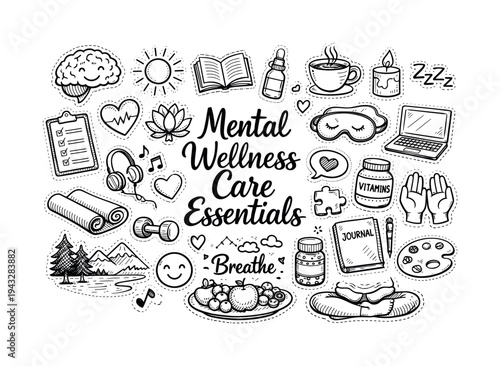 Mental wellness care essentials, hand drawn doodle elements set, center hand-lettered title, black & white vector line art, bold