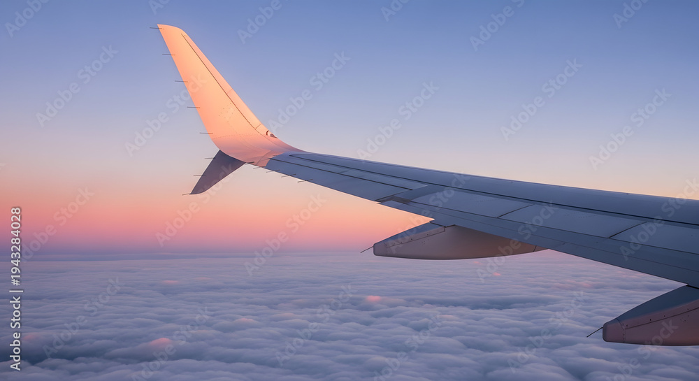 Obraz premium Airplane wing above clouds at sunset