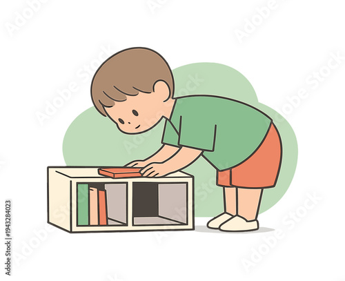 Cute cartoon child organizing books on a small shelf, learning responsibility and tidiness