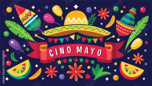 Vibrant illustration showcasing a festive celebration of cinco de mayo with sombreros and food Vector