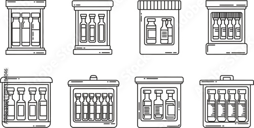 Collection of medical vials and vaccine bottles within diverse containers presented as minimalist outline vector icons for pharmaceutical packaging and healthcare applications