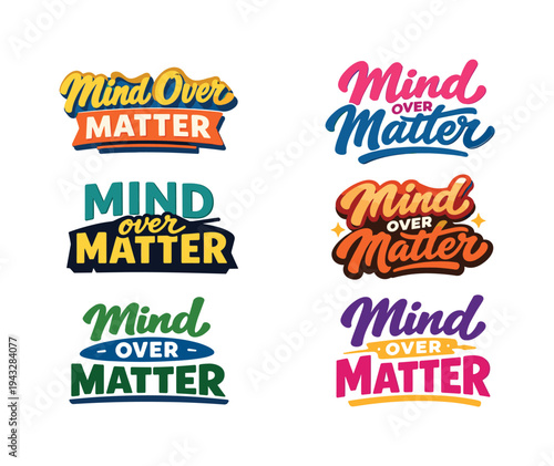 Mind Over Matter Logos. Modern flat holiday banner design highlighting modern lettering logo set for Mind Over Matter, high-demand