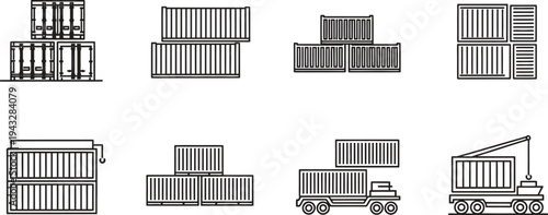 Collection of shipping container line art icons depicting various arrangements for global logistics and transportation concepts isolated on a white background