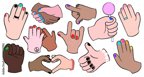 Illustration of diverse hands with various skin tones and nail colors. Hands making gestures, holding objects, and forming shapes. Diversity and expression. Cute vector element set.