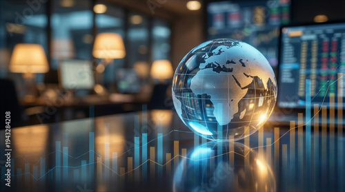 Wallpaper Mural A luminous glass globe displaying Europe and Africa rests on a table with digital financial charts in a modern office setting. Torontodigital.ca