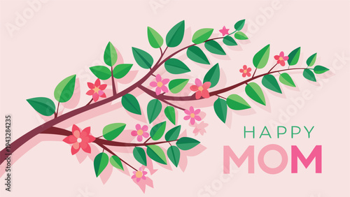 A beautifully designed happy mother's day card featuring pink flowers and green leaves Vector