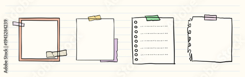 Set of four colorful sticky notes. Sticky notes in pastel shades, taped on. Perfect for reminders, notes, and messages. Sticky notes for office or home use. Memo element vector set.