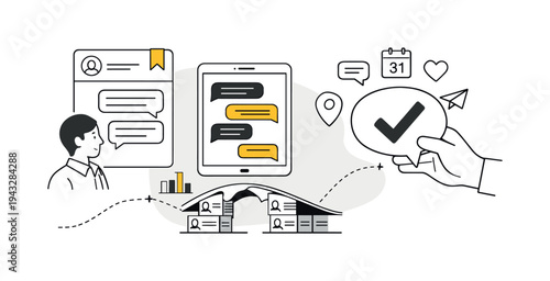 Modern minimal flat vector conceptual collage, crisp hard edges, consistent THIN outline stroke, rounded corners where needed,