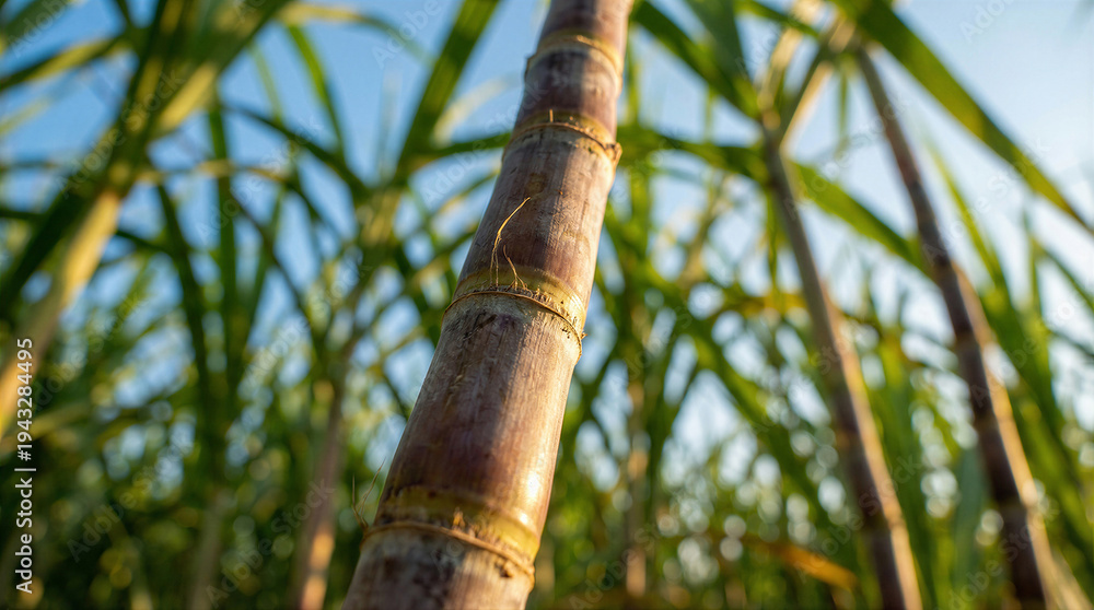 Fototapeta premium Close-up view of a robust sugarcane stalk standing tall amidst green leaves under a clear blue sky.