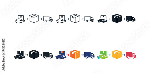 Delivery process icons showing hand holding package, box, and truck in sequence