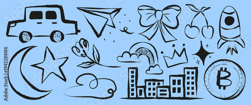 Doodles of a car, paper plane, bow, cherries, rocket, moon, star, scissors, rainbow, crown, cityscape, and Bitcoin symbol on a blue background. Cute element vector set.