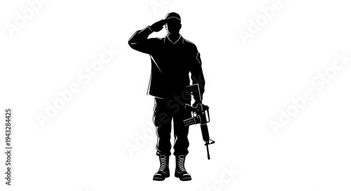 Silhouette of Soldier Saluting with Rifle.