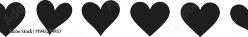 A row of six solid black heart shapes on a white background love symbol