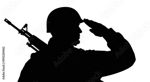 Silhouette of Soldier Saluting with Rifle.