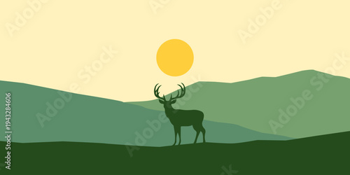 Silhouette of a deer standing in front of mountain range at sunset.