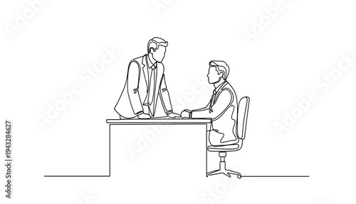 Two businessmen shaking hands over a desk in a one line drawing style