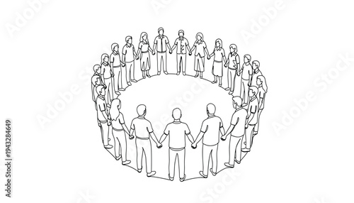 A diverse group of people standing in a circle and holding hands in unity and solidarity