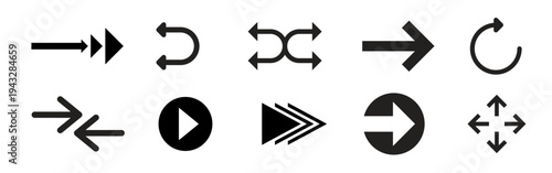 Set of black arrow icons. Arrows pointing in various directions. Curved arrows, straight arrows, and crossed arrows. Simple arrow designs in black. Element vector set.