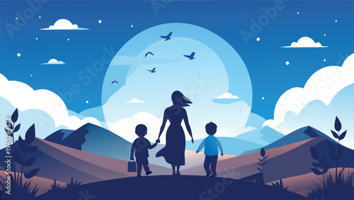 Three people standing on a hilltop under a large moon with stars in the sky Vector