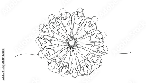 A group of people sitting in a circle with their hands together