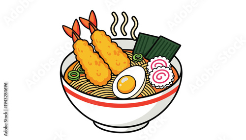 A steaming bowl of delicious ramen with shrimp tempura egg and seaweed