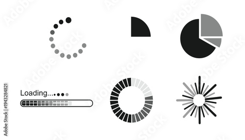 A collection of six loading icons in various styles and designs for user interface