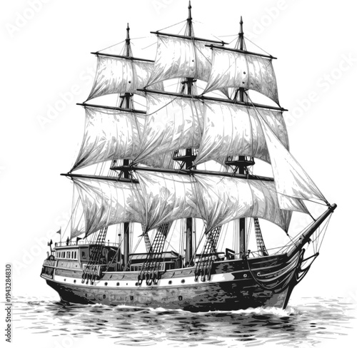 Detailed vector sketch of a majestic tall sailing ship on calm waters: Design for nautical themed wall art, historical book illustrations, or seafood restaurant menus. Transparent background EPS file.