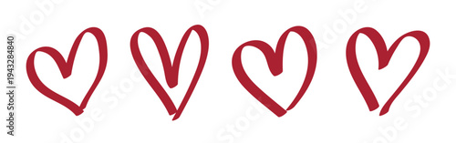 Collection of red heart doodles in various styles. Red hearts in different shapes and patterns. Playful heart doodles for creative designs and love themes. Valentine's element vector set.