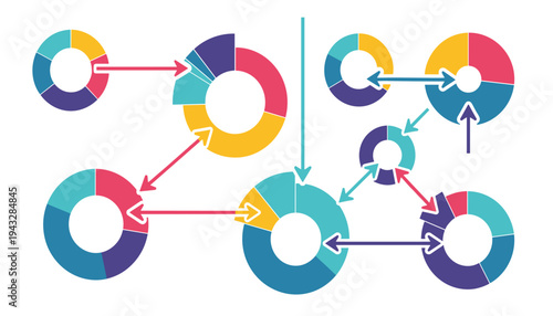 Interconnected pie charts with colorful segments and arrows