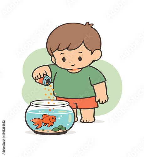 Cute cartoon boy feeding a goldfish in a round fishbowl with small pellets