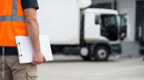 Wallpaper Mural A worker in an orange safety vest holds a clipboard, standing beside a white truck. Torontodigital.ca