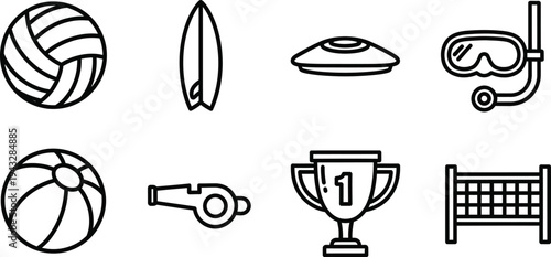 Beach volleyball icon set with sports equipment and symbols