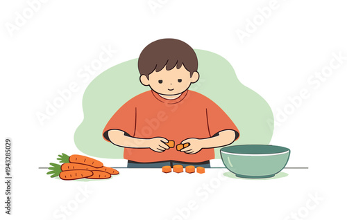 Young boy happily chopping carrots for a healthy meal in the kitchen